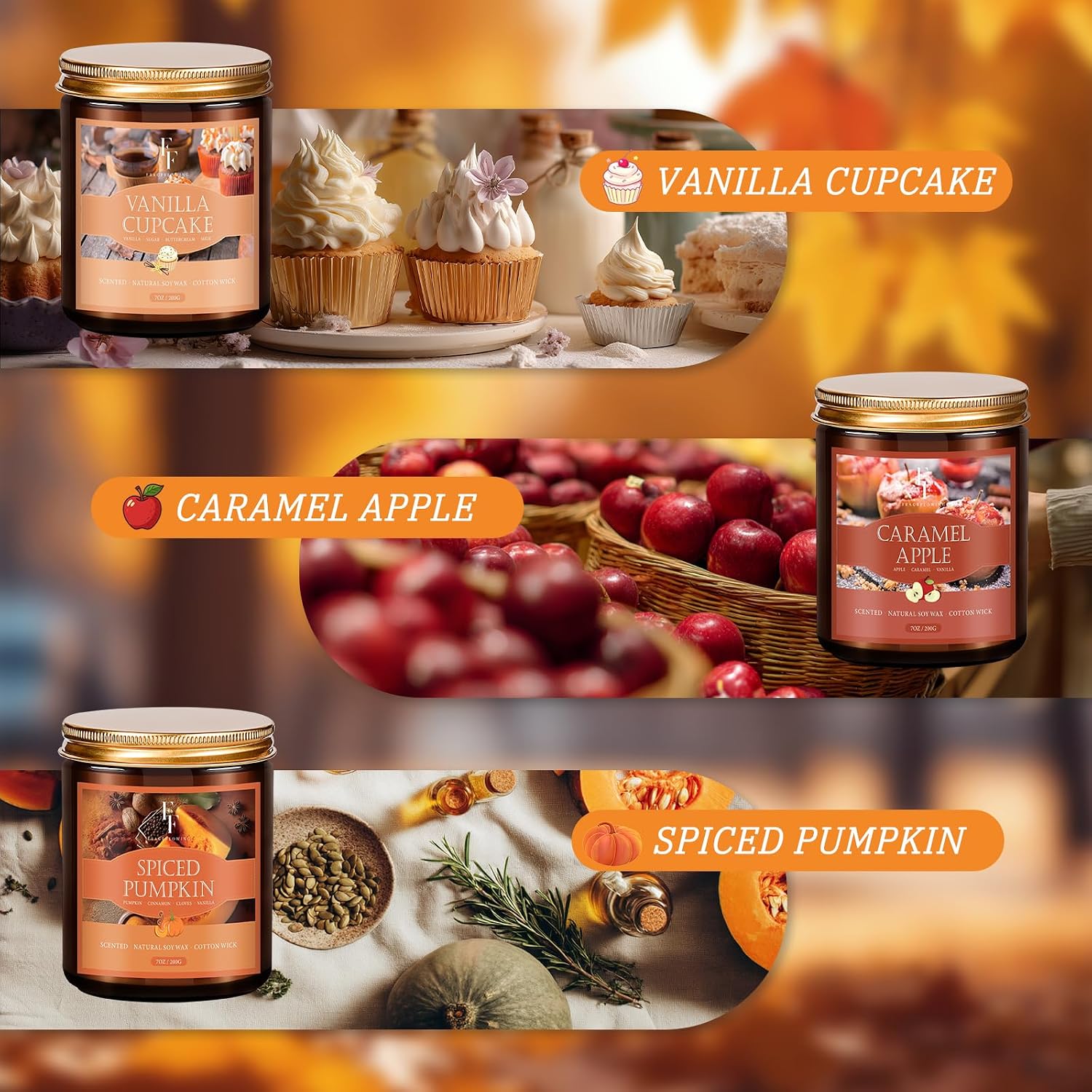 Thumbnail 4 de FF FRAGRFLOWING 006-9 Fall Soy Wax Candle Set, 6 Autumn Scents in Glass Jars