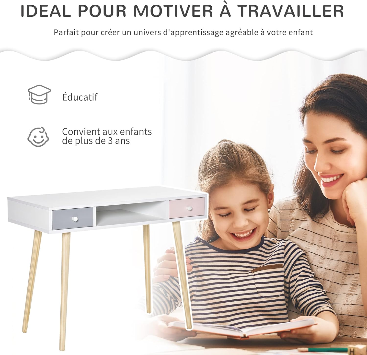Thumbnail 5 de HOMCOM Bureau Enfant Style scandinave avec tiroir et compartiment de rangement – 100L x 48l x 76,5H cm