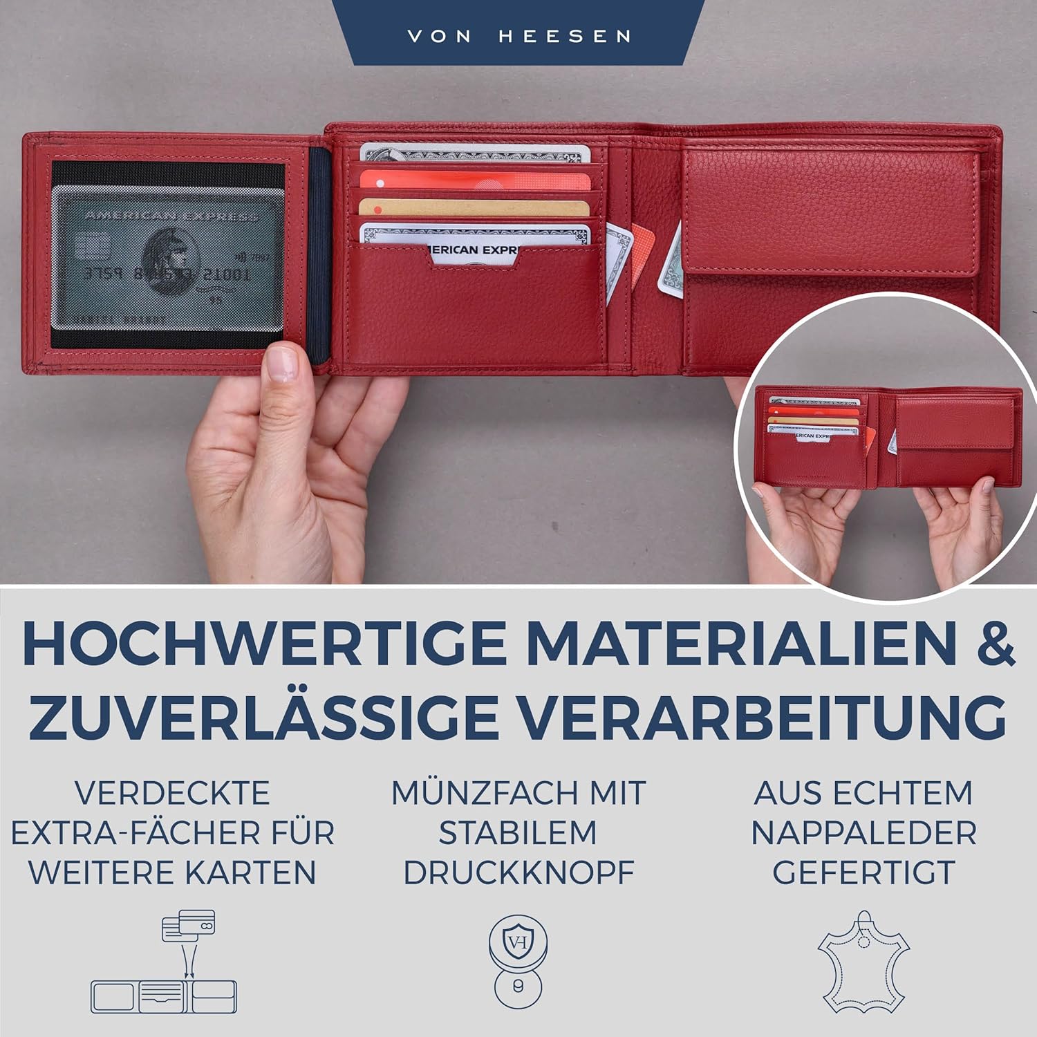 Detalle 2 de VON HEESEN Leder Geldbörse mit RFID-Schutz – Echtleder Brieftasche in Rot