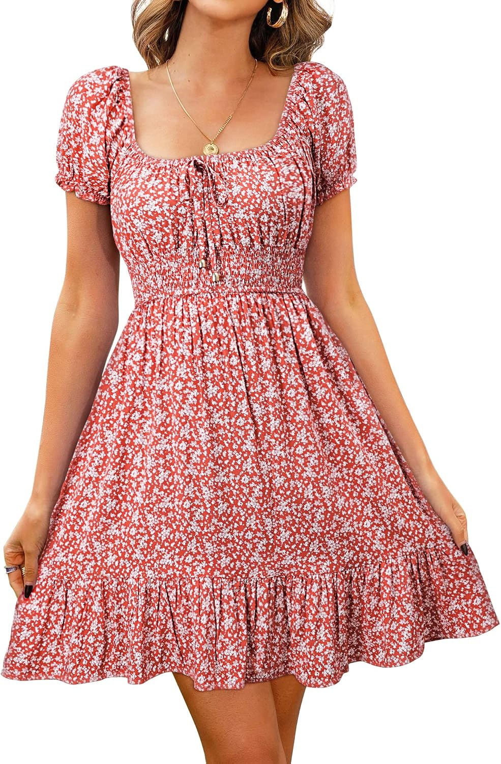 Detalle de Livonmone Women's Summer Floral Boho Dress with Sweetheart Neckline