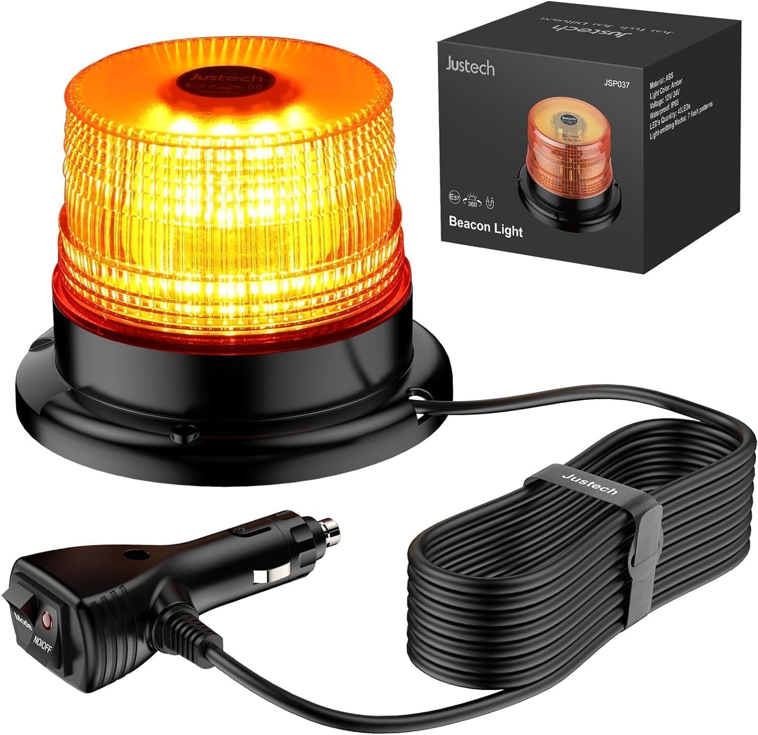 Justech 12/24V 40W Amber LED Flashing Beacon with Magnetic Base, 7 Flash Modes (IP65)