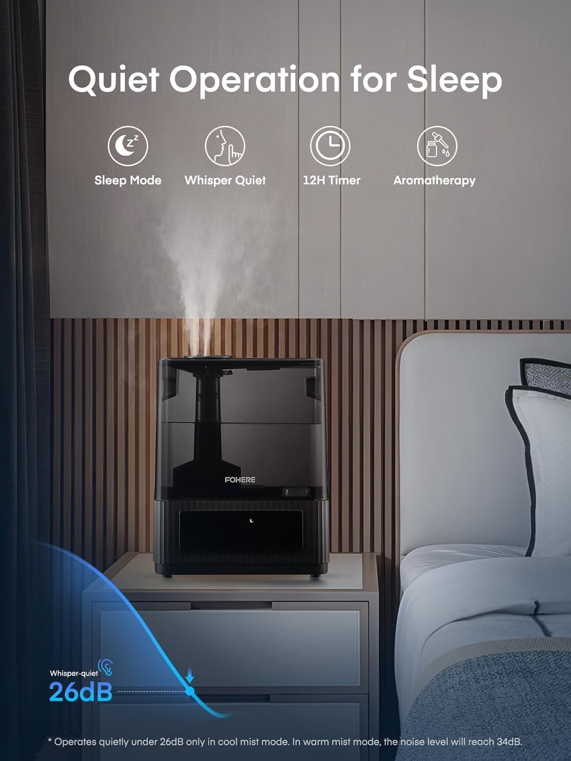 Detalle de FOHERE 6L — Humidificateur à brume froide et chaude (ultrasonique) pour la maison, avec minuterie et mode sommeil