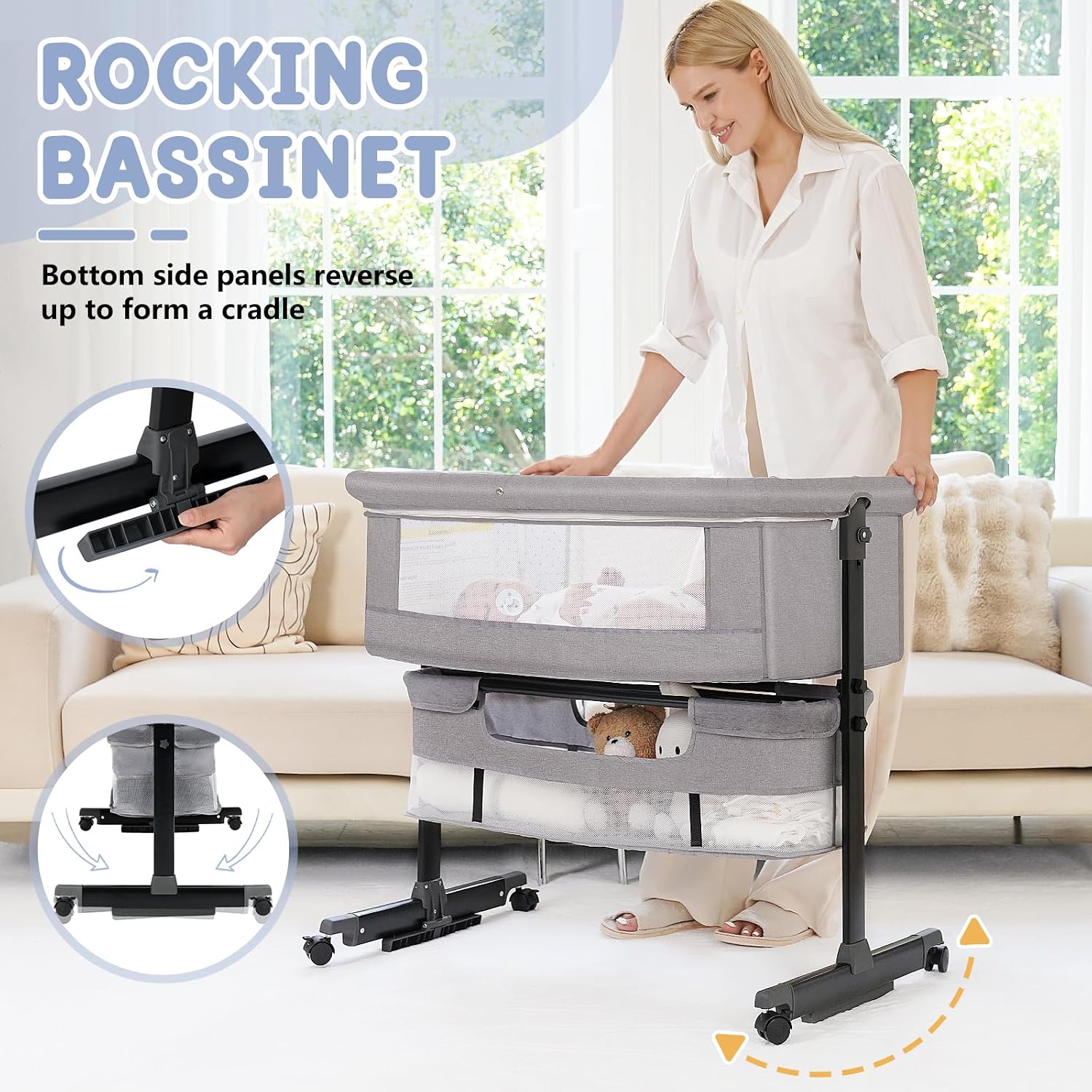 Detalle de Semphis 968 3-in-1 Baby Bassinet, Adjustable Bedside Sleeper with Mesh