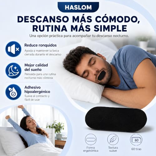 Detalle de HASLOM 60 Tiras Bucales para Dormir Negras – Cinta bucal antironquidos