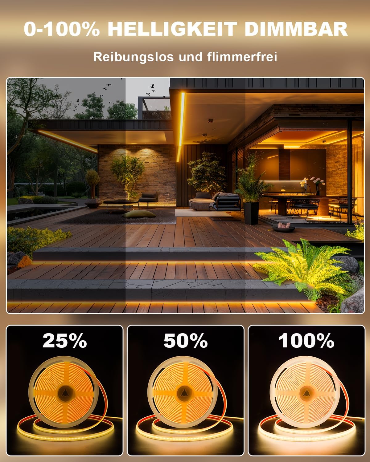 Detalle de Gliztech COB LED Streifen 15 m – IP68 Außenbeleuchtung mit 24 V, App- und Fernbedienung