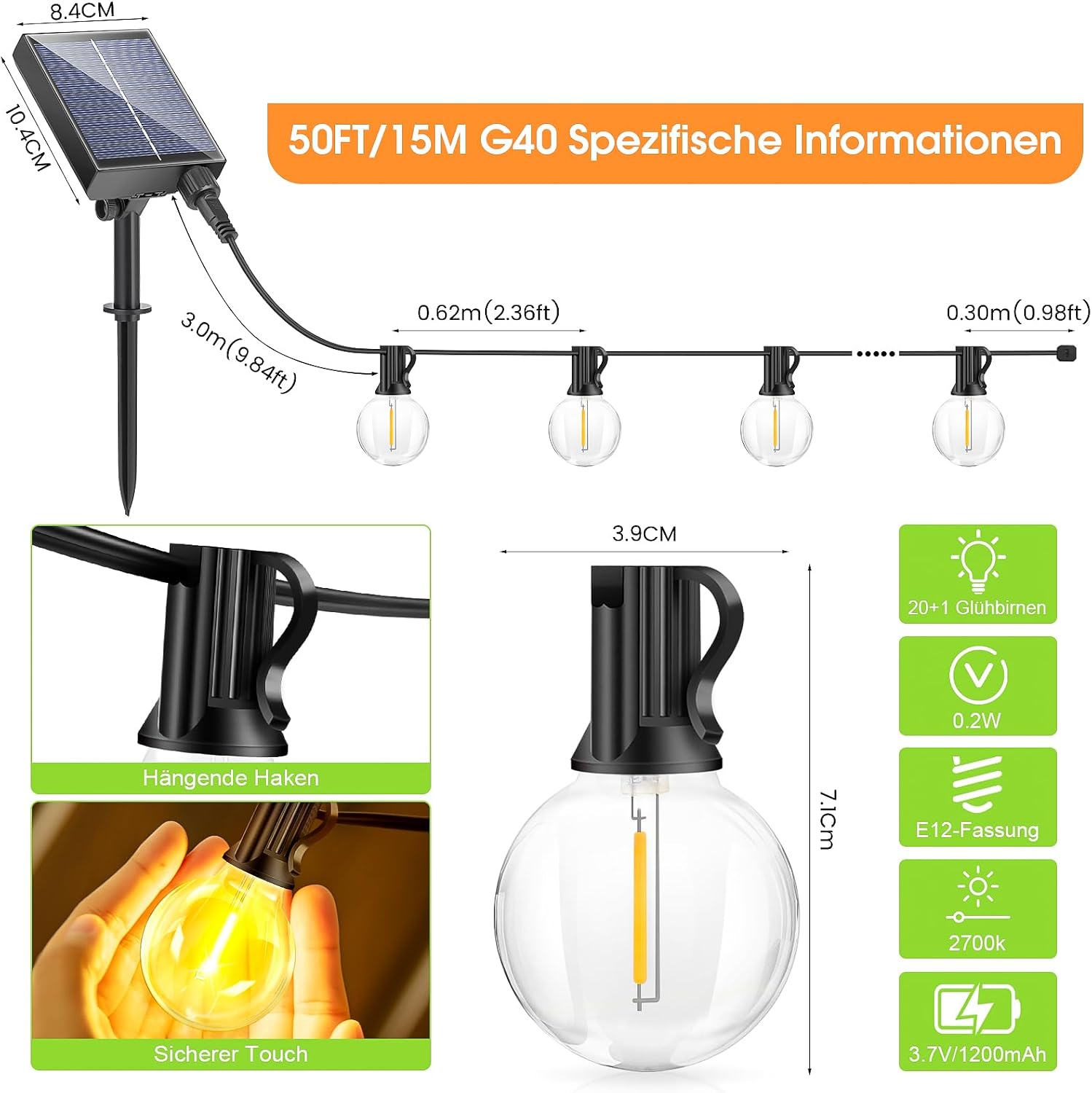 Detalle de FGRYB Solar Lichterkette Außen 15 m – 20+1 G40 LEDs, dimmbar, IP65 Solar + USB-C, 8 Modi