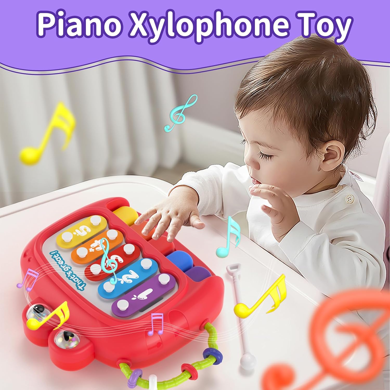 Thumbnail 5 de usrela 4-in-1 Baby Toys for 6-12-18 Months: Busy Cube, Stacking Sorter, Piano Xylophone & Pull String Travel Toy