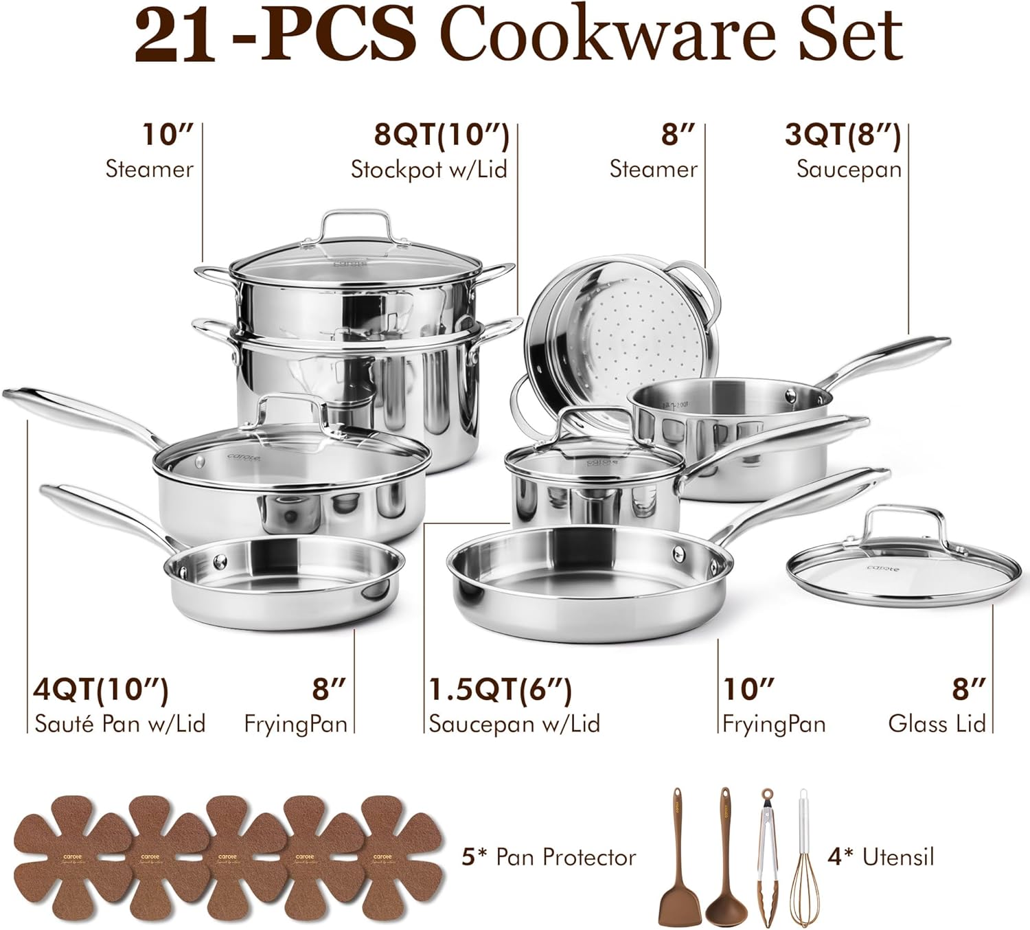 Thumbnail 1 de CAROTE 21-Piece Tri-Ply Stainless Steel Cookware Set (Pots and Pans) for Induction Cooking