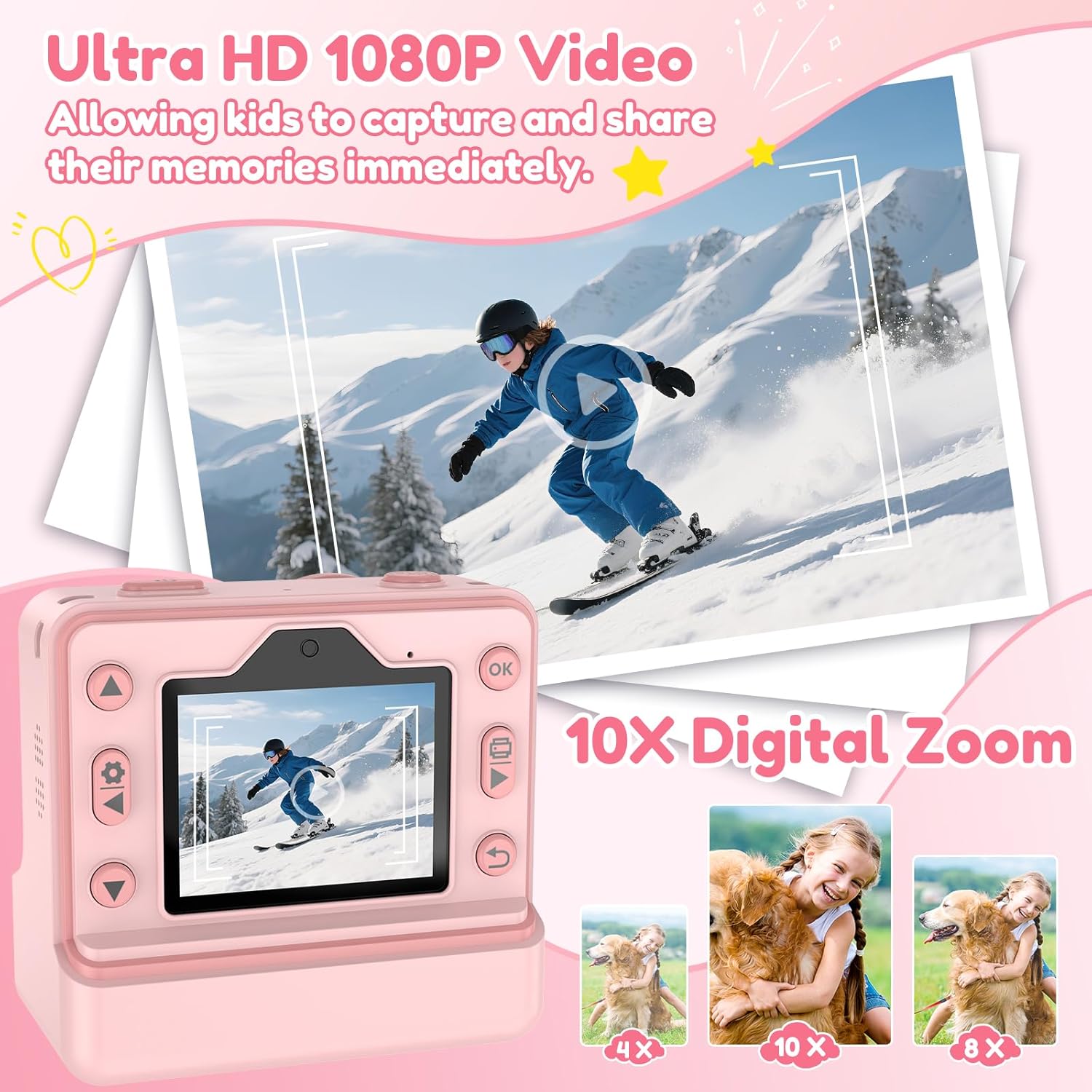 Thumbnail 3 de Kids Camera Instant Print: Dual Cam, 1080P Video, 3 Paper Rolls & 32GB Card (Pink)