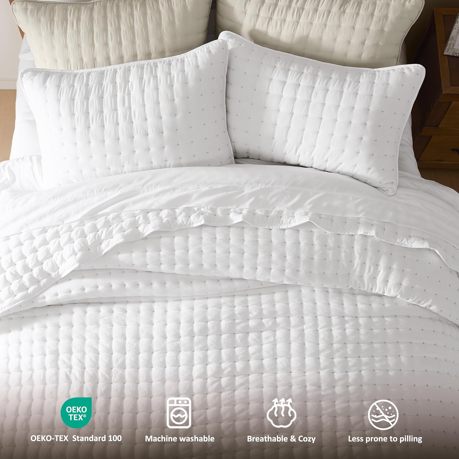 Thumbnail 6 de WDCOZY White King Size Quilt Bedding Set — 3-Piece Lightweight Comforter with Shams