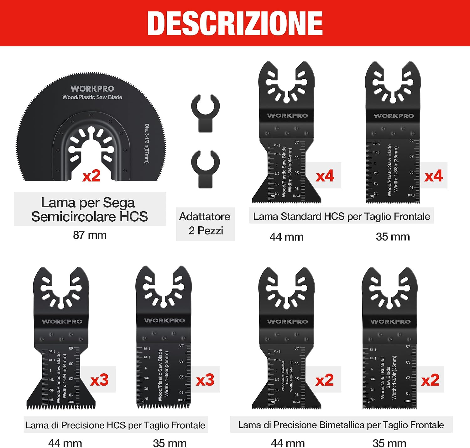 Detalle 2 de WORKPRO Lame Utensile Multifunzione 22 Pezzi – Lame oscillanti bi-metallo per metallo, legno, plastica e cartongesso
