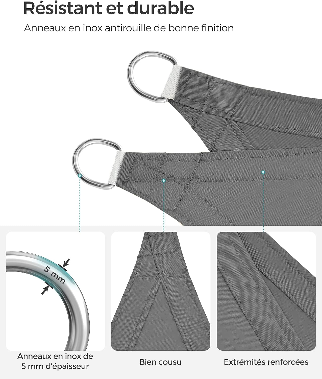 Detalle de SONGMICS Voile d’ombrage carré 3 × 3 m, Gris Anthracite GSH33GYV1 – Hydrofuge, Colonne d’Eau 665 mm, Polyester anti-déchirure