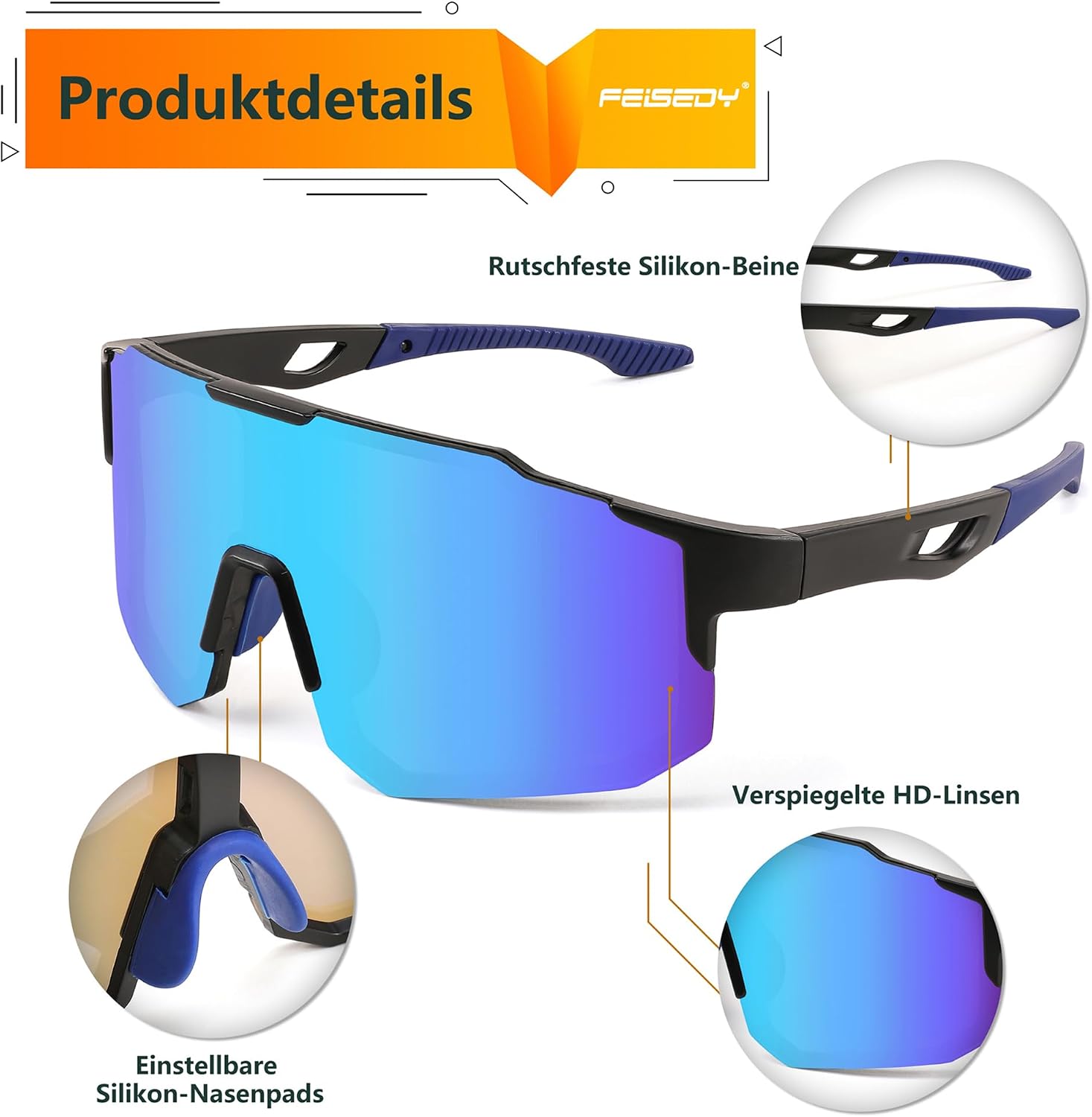 Detalle 2 de FEISEDY Sport Sonnenbrille für Herren & Damen – Fahrradbrille mit UV400, verspiegelten Gläsern und weitem Sichtfeld