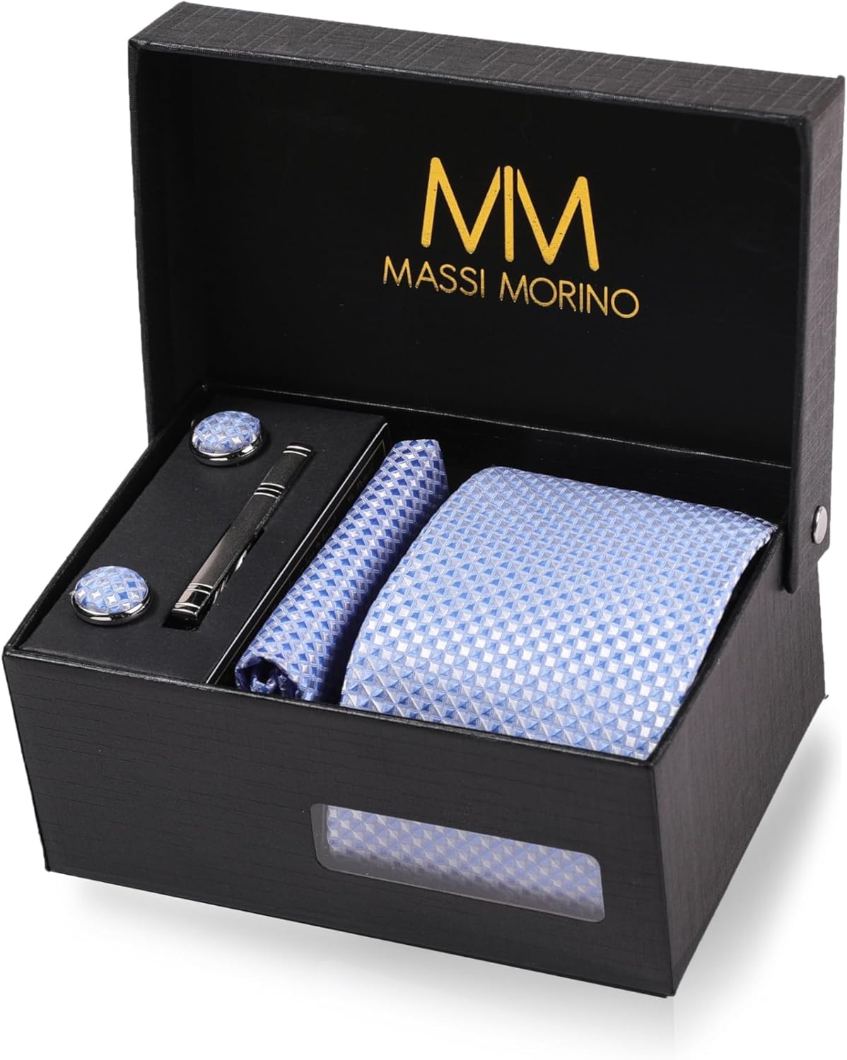Coffret cravate homme Massi Morino 5-en-1 avec mouchoirs de poche, boutons de manchette et pinces à cravate