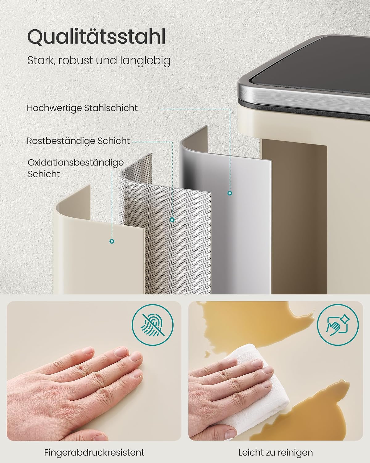Thumbnail 5 de SONGMICS Mülleimer 50 L LTB595A02 aus Stahl – mit herausnehmbaren Inneneimer, Deckel & Soft-Close