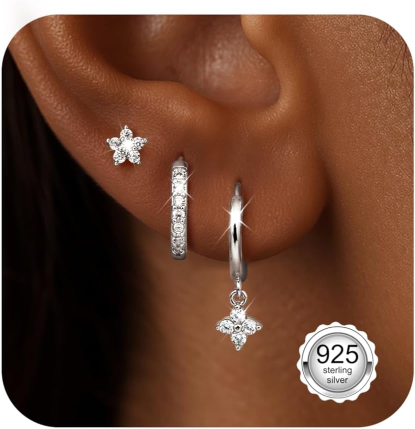 Detalle de Diamday 3 Pairs Sterling Silver Earrings for Women – Stud and Hoop Set