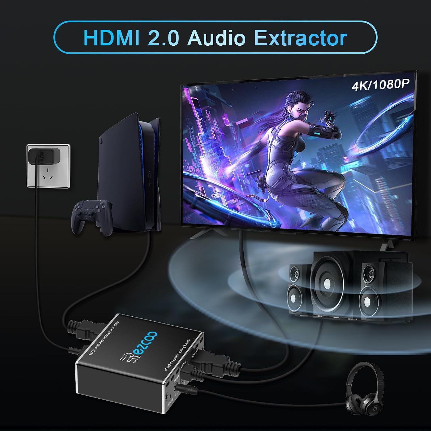 Detalle 2 de HDMI 2.0 Audio Extractor 4K 60Hz mit SPDIF Optical & 3,5-mm L/R – für PS5, HDCP 2.2, EDID-Management