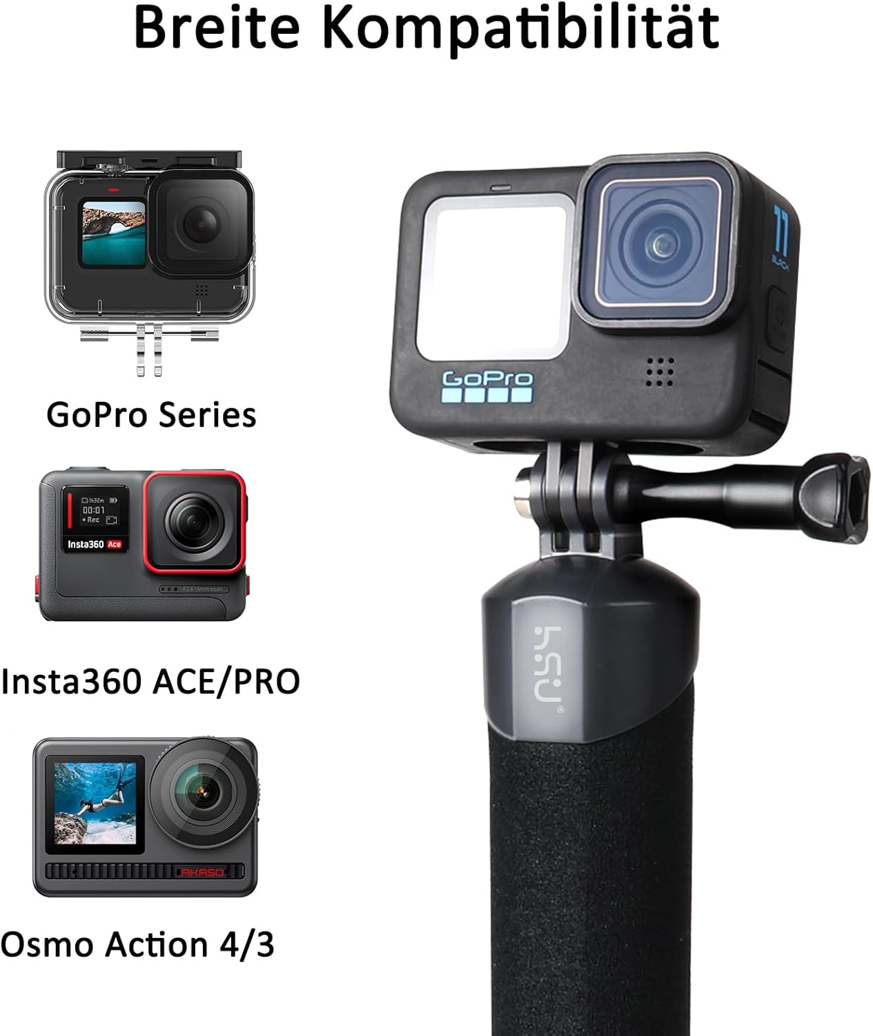 Thumbnail 3 de HSU wasserdichter Einbeinstativ-Schwebegriff für Action-Kameras (z. B. GoPro Hero 12/11/10/9/8/7/6/5/4 Session, DJI Osmo u. a.)