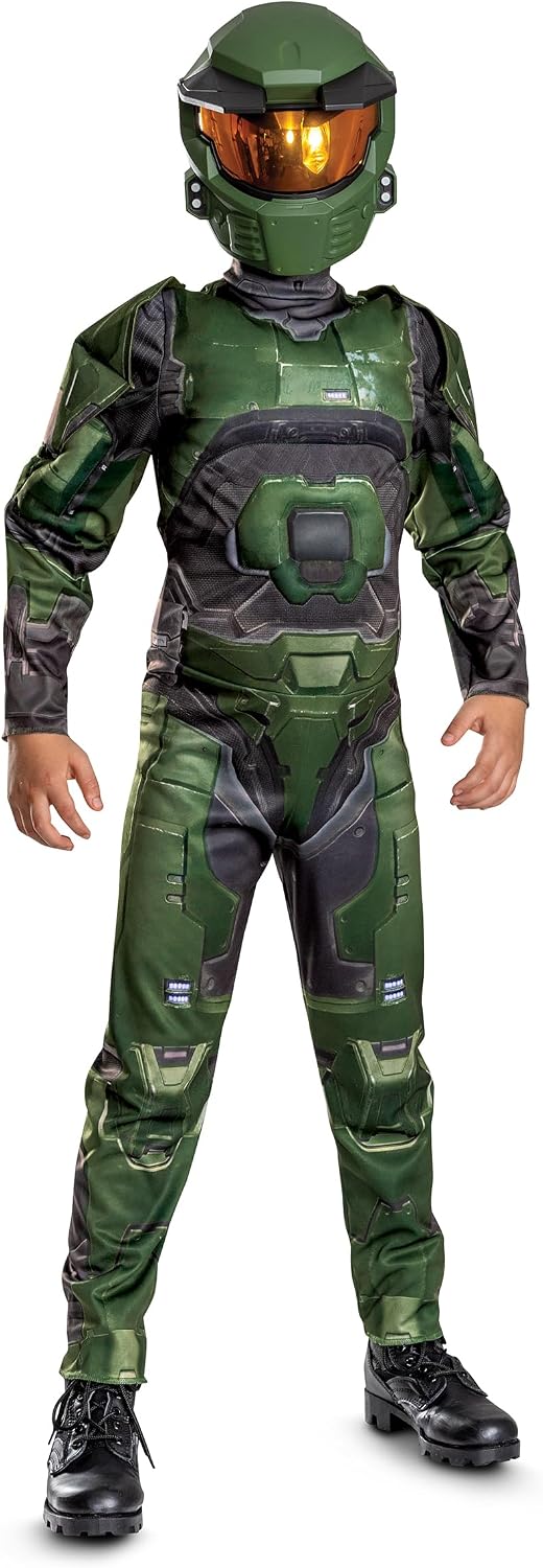Detalle de Disguise Halo Master Chief Muscle Costume for Kids with Padded Jumpsuit and Half Mask