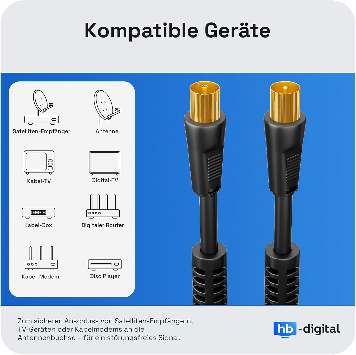 Detalle 2 de HB-DIGITAL TV-Antennenkabel 20 m – Koaxialkabel für UHD/4K/8K mit Mantelstromfilter und vergoldeten Steckern