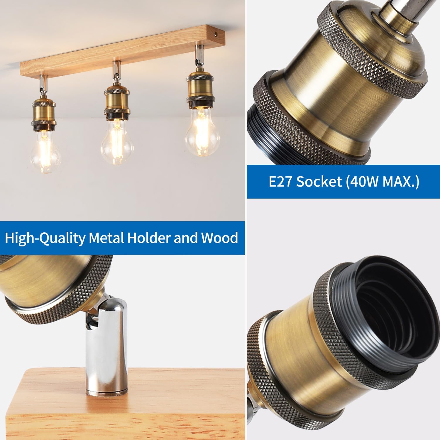 Detalle de ANWIO Retro 3-Way E27 Ceiling Light Fitting with Rotatable Spotlight Heads