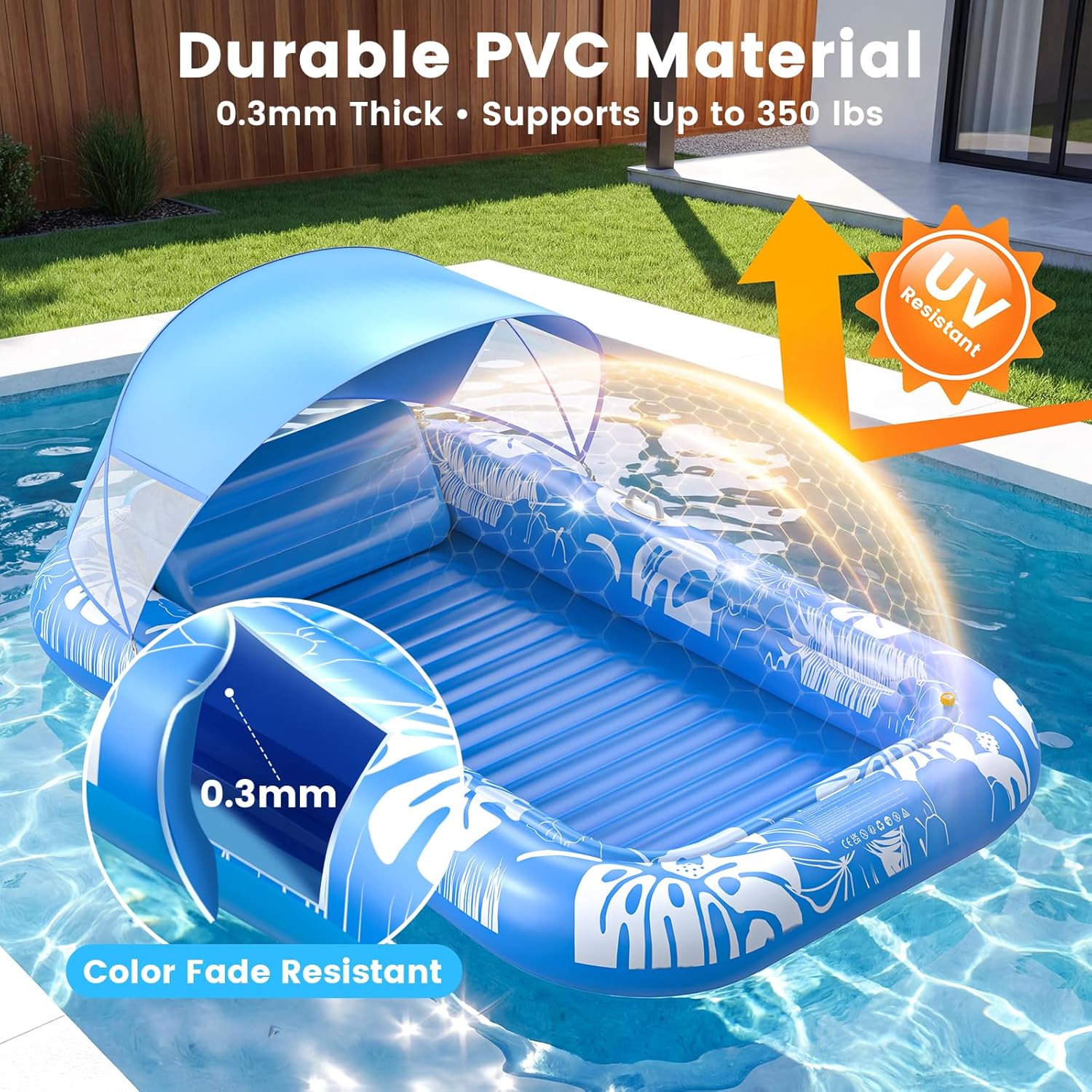 Thumbnail 4 de Inflatable Tanning Pool Lounger Float with Canopy & Sprinkler UPF50+ (77" x 48")