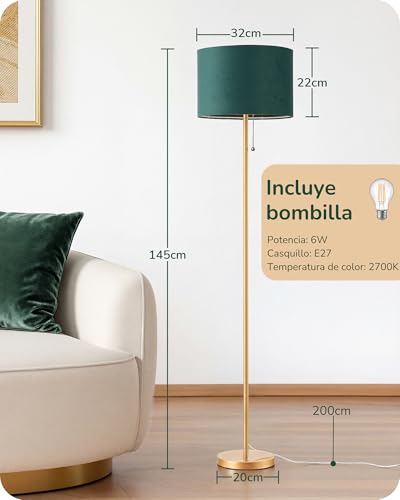 Thumbnail 5 de EDISHINE Lámpara de Pie Salón – Pantalla de Terciopelo Verde y Base Dorada