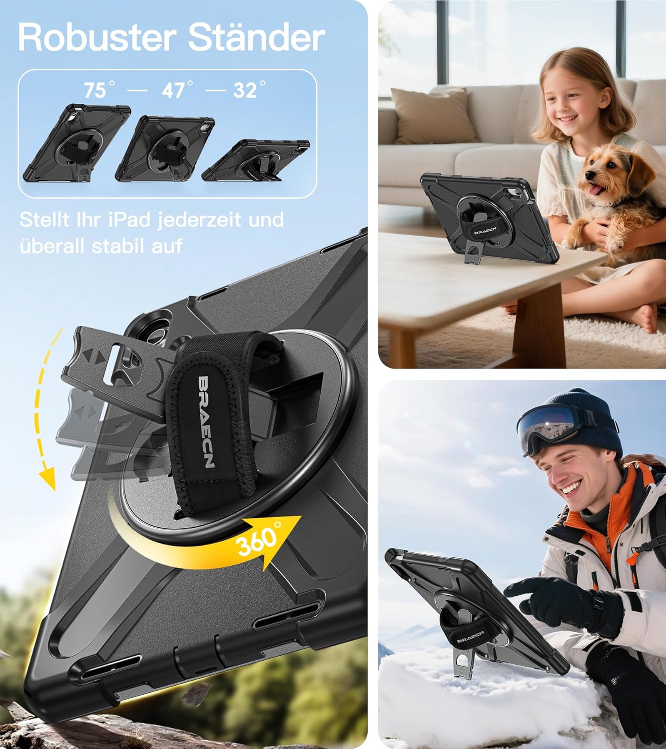 Thumbnail 3 de BRAECN Hülle für iPad (A16) 11/10 Generation – 11/10,9 Zoll, 360° Drehbarkeit, Stifthalter, Ständer & Schultergurt