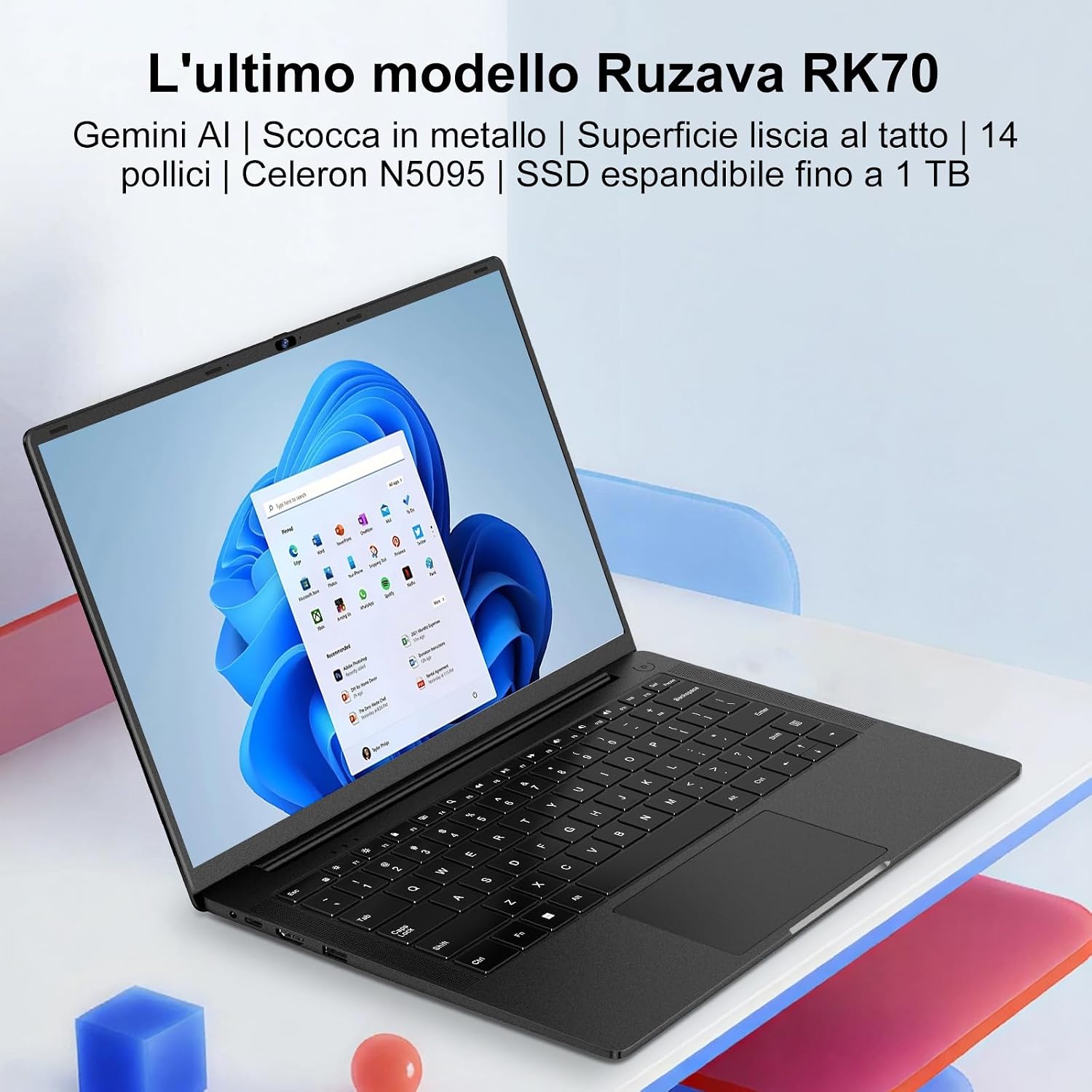 Detalle de Pc Portatile 14 Pollici Win11 con Celeron N5095, 8GB RAM, 256GB SSD – Corpo in Metallo Nero