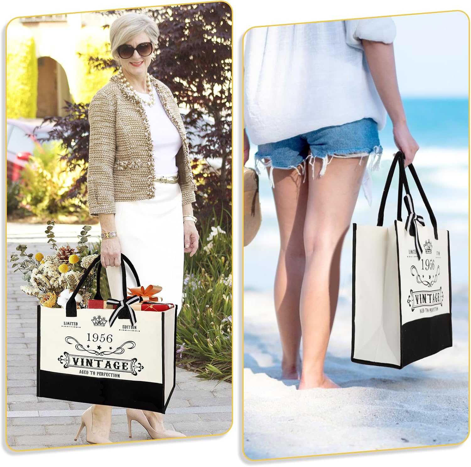 Detalle de 70. Geburtstagsgeschenke für Frauen – Leinwand Tote Bag Set mit Kosmetiktasche und Poster „Back in 1956“