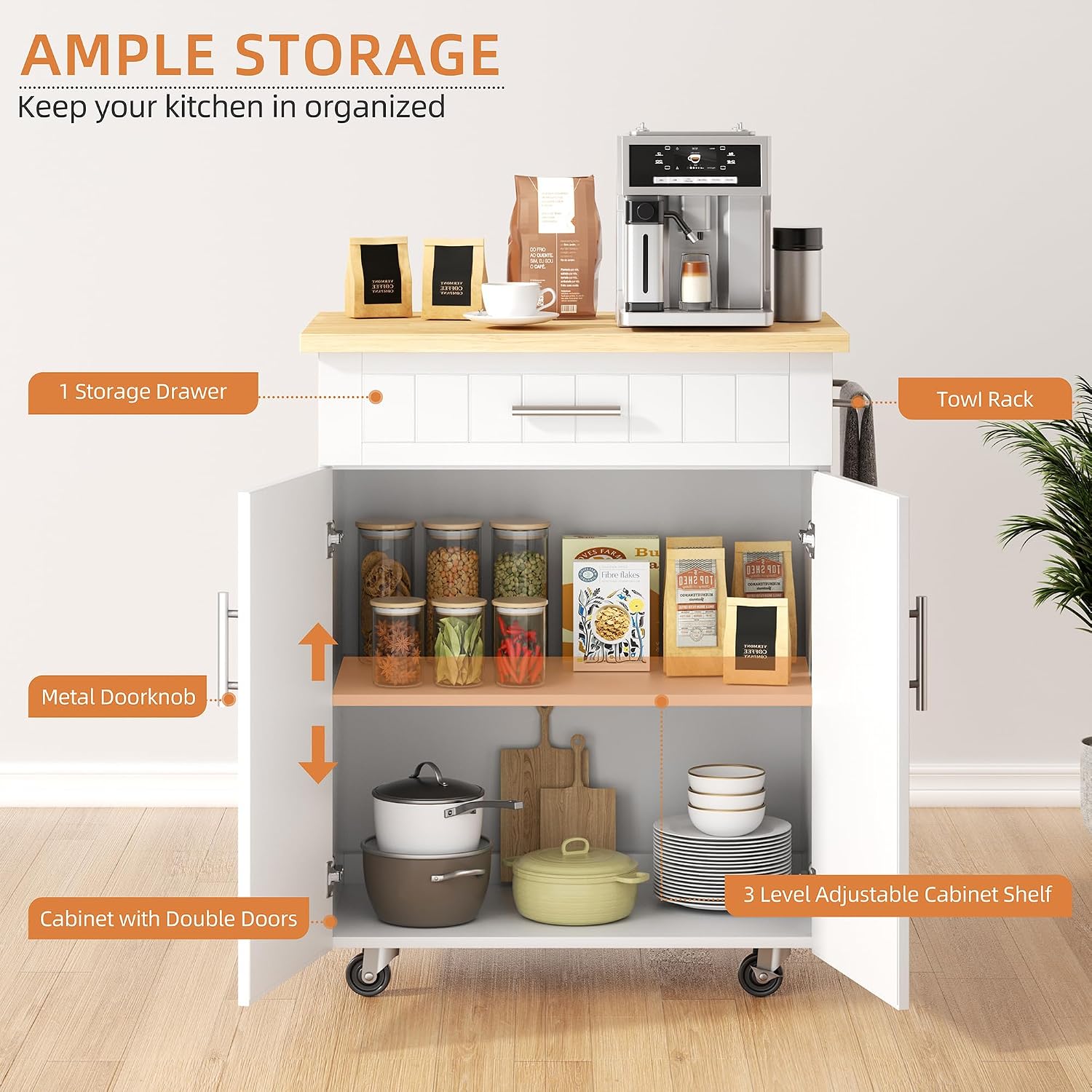 Detalle 2 de Shintenchi DT828 Rolling Kitchen Island Cart, White, with Cabinet and Drawer