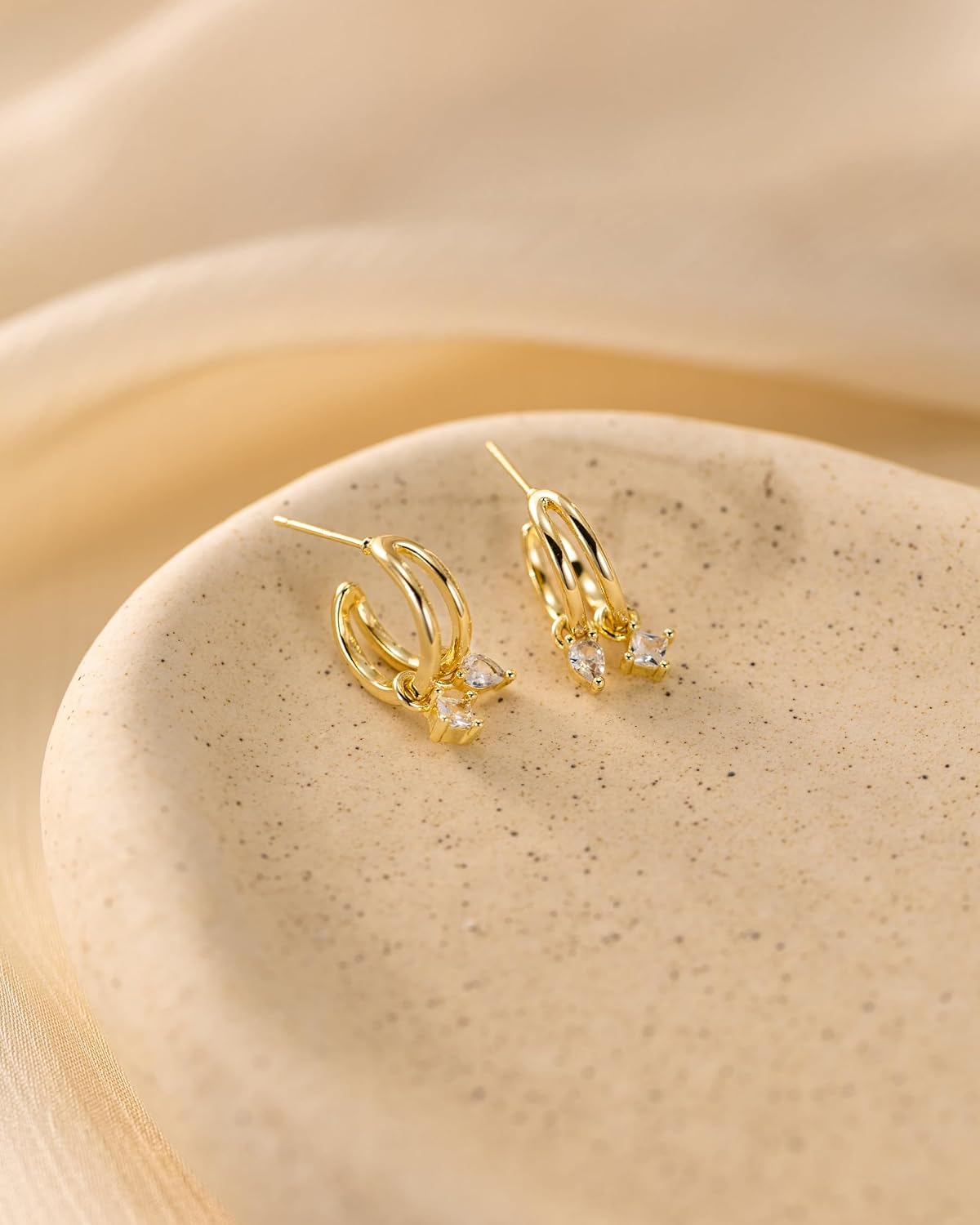 Thumbnail 6 de HANLI 14K Gold Plated Triple Huggie Hoops: Illusion Cubic Zirconia Studs for Single-Pierced Ears