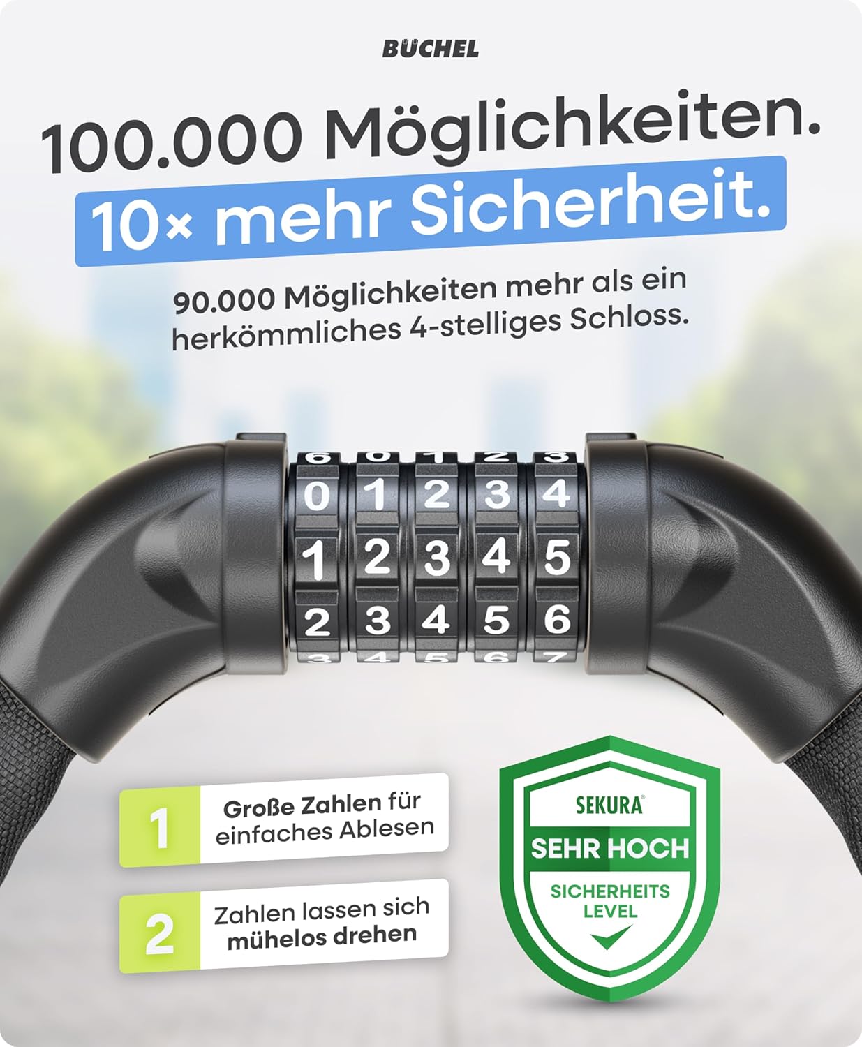 Detalle de Büchel Sekura Fahrradschloss 90 cm mit 5-Zahlen-Code – Kettenschloss für Kinder & Erwachsene