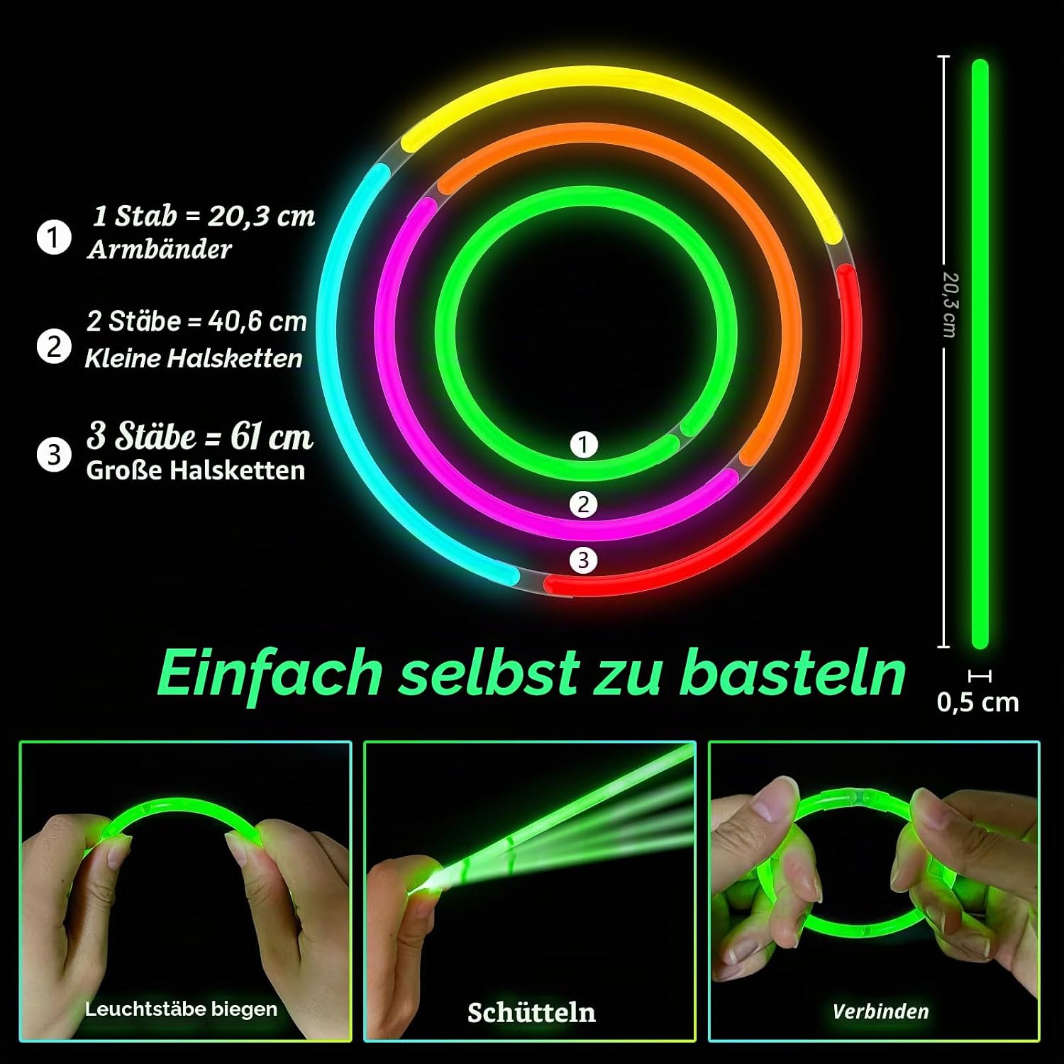Detalle 2 de DELEE Knicklichter Set – 100 Neon-Knicklichter mit Anschlüssen, 8 Zoll, LED-freier Party-Deko