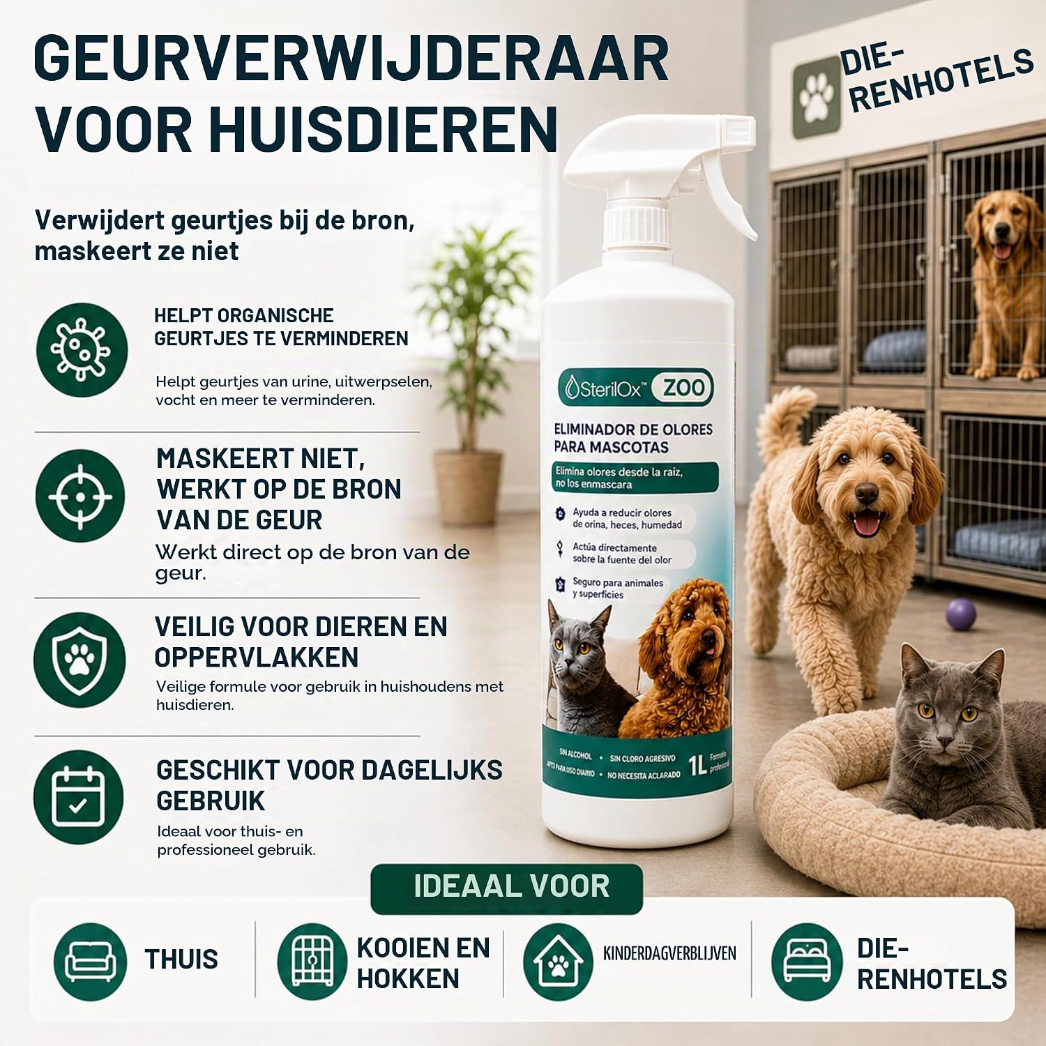 Detalle de SterilOx Zoo geurverwijderaar voor honden en katten, zonder alcohol, 1 liter