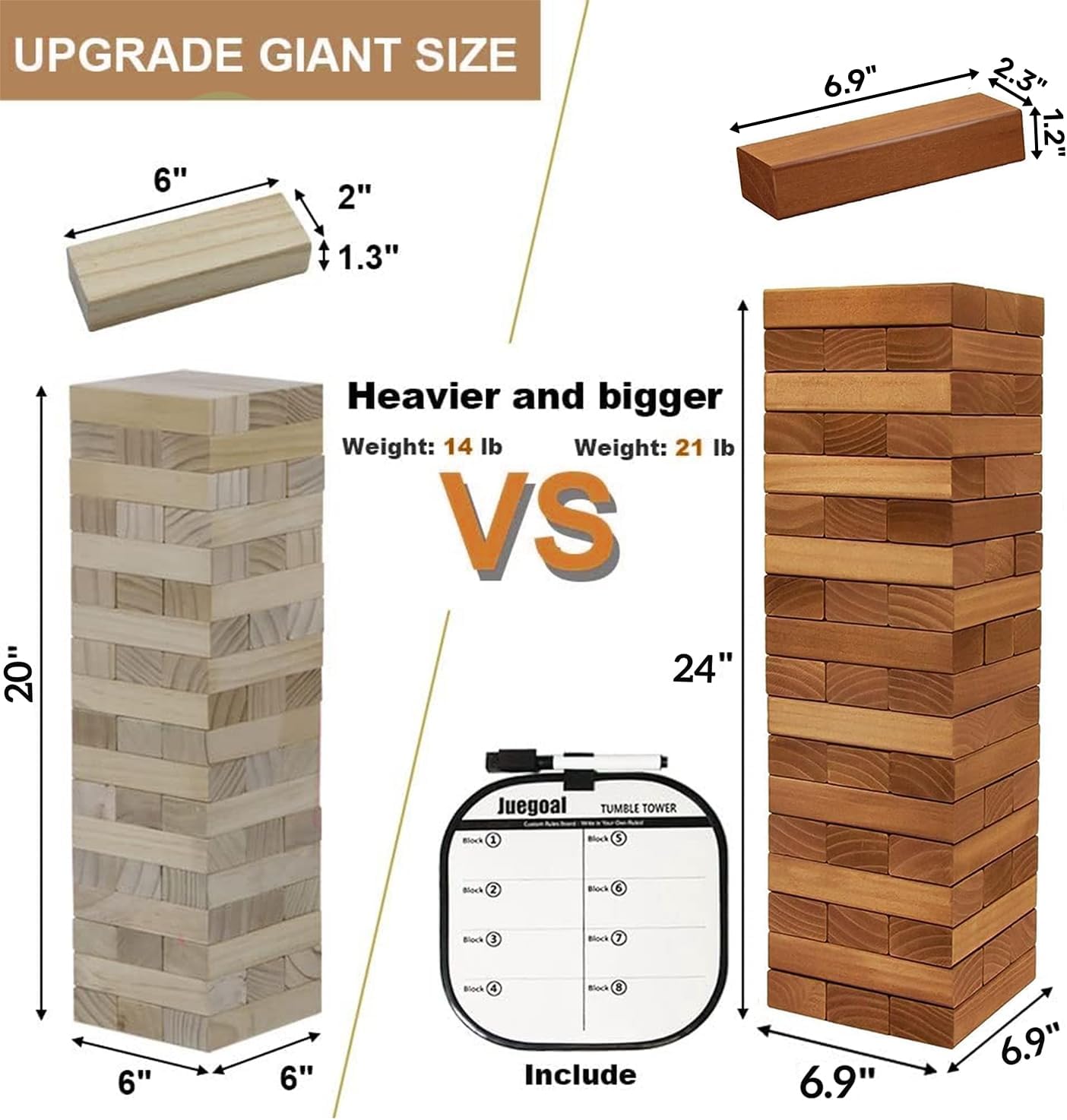 Thumbnail 4 de Juegoal 54-Piece Giant Tumble Tower Wooden Stacking Game (Brown) with Board & Canvas Bag