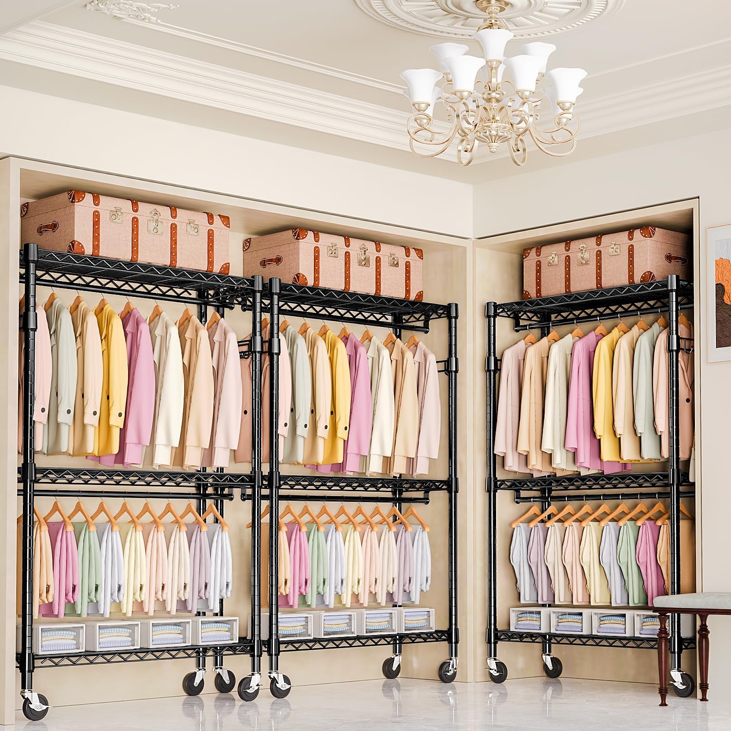 Thumbnail 5 de M MZG A45120205VBK302 Heavy-Duty Rolling Garment Rack, 3 Shelves, 2 Rods