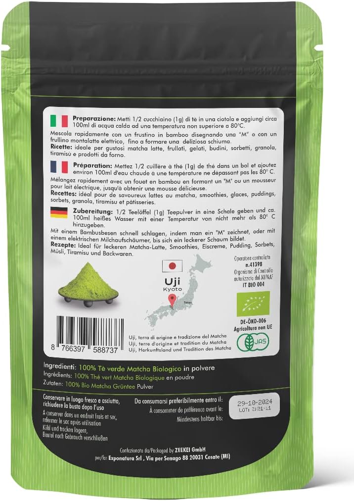 Detalle 2 de Mondomatcha Tè Verde Matcha Bio Giapponese - Premium da Uji, raccolto a mano e macinato a pietra, 100g