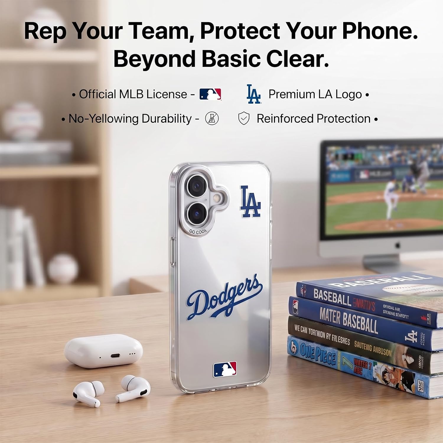 Detalle de KOYOEY MLB ロサンゼルス・ドジャース iPhone 17用ケース、耐衝撃・カメラ保護