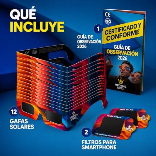 Detalle 2 de Medical king | 12 Gafas Eclipse Solar ISO 12312-2 – kit completo para observar el eclipse 2026