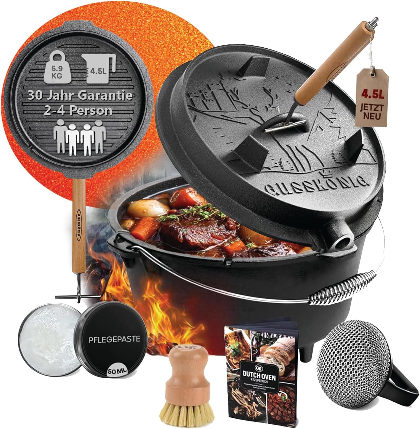 Detalle de GUSSKÖNIG Dutch Oven Set 4,5L Eingebrannter Schmortopf