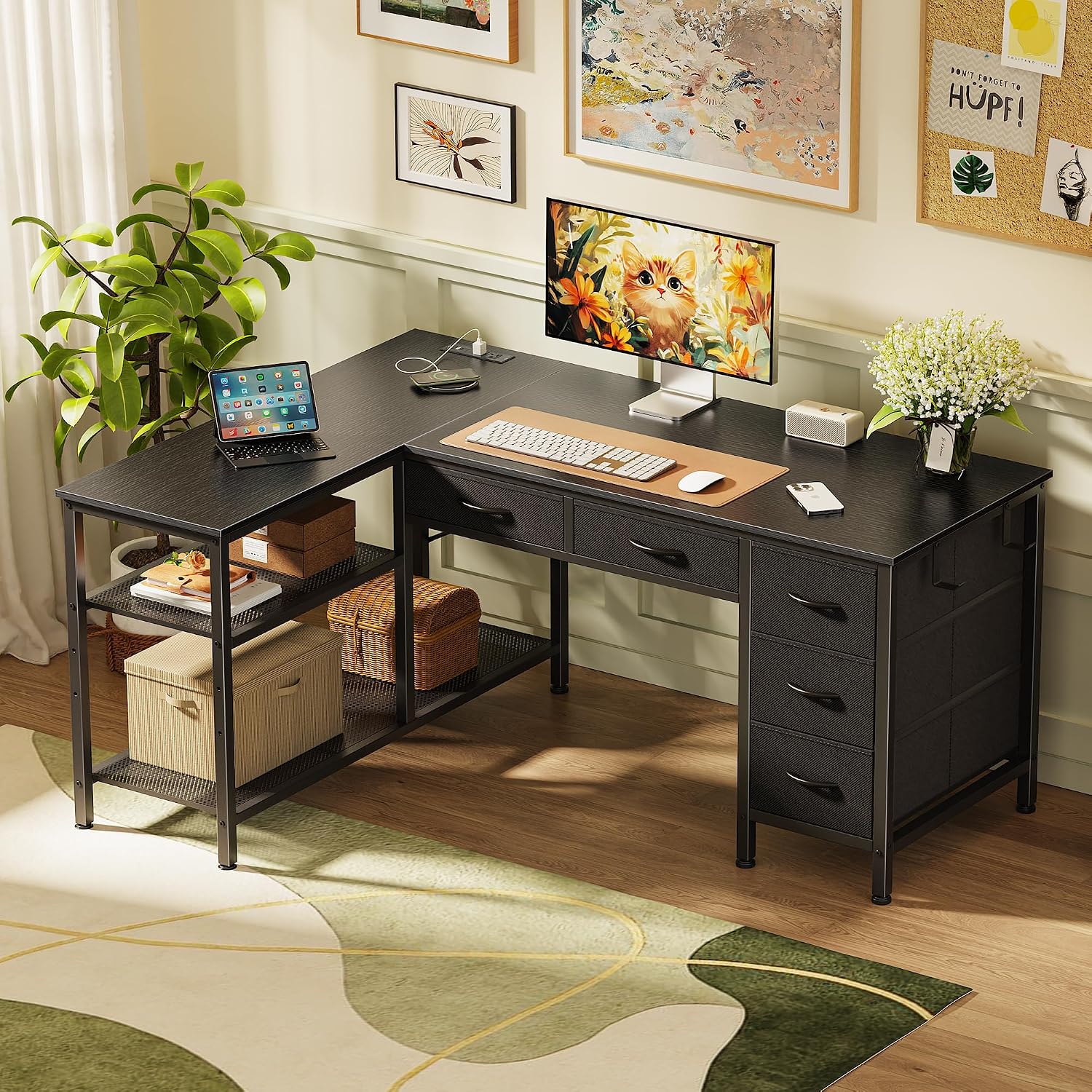 Detalle 2 de PRAISUN 47-Inch L-Shaped Desk with Power Outlets, USB-C, 5 Fabric Drawers