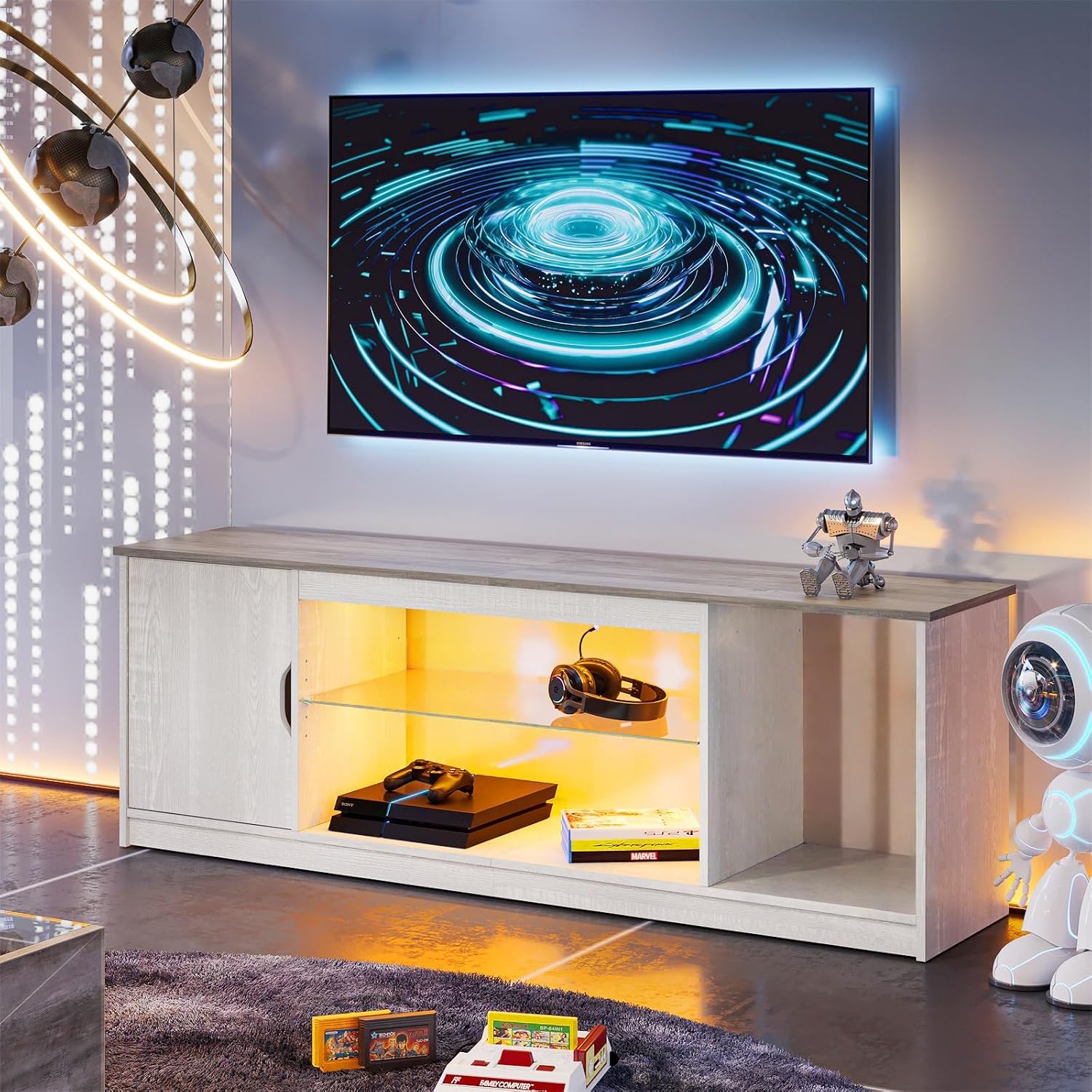 Thumbnail 1 de Bestier mobile TV basso per TV fino a 65 pollici con luci LED RGB e ripiani in vetro regolabili