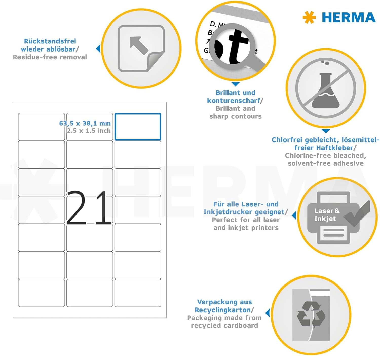 Thumbnail 2 de HERMA Etichette Staccabili 63,5 x 38,1 mm – 525 etichette A4 bianco, adatte a stampa Inkjet/Laser