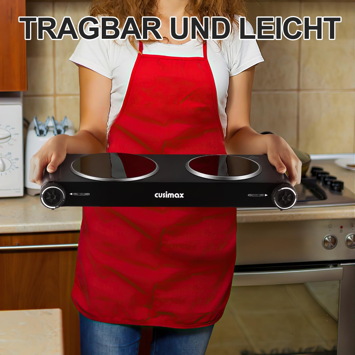 Thumbnail 3 de CUSIMAX Kochplatte mit verstecktem Griff, 2400 W – 2 Glaskeramik-Felder, tragbar, Infrarot-Heizplatte, Edelstahlgehäuse