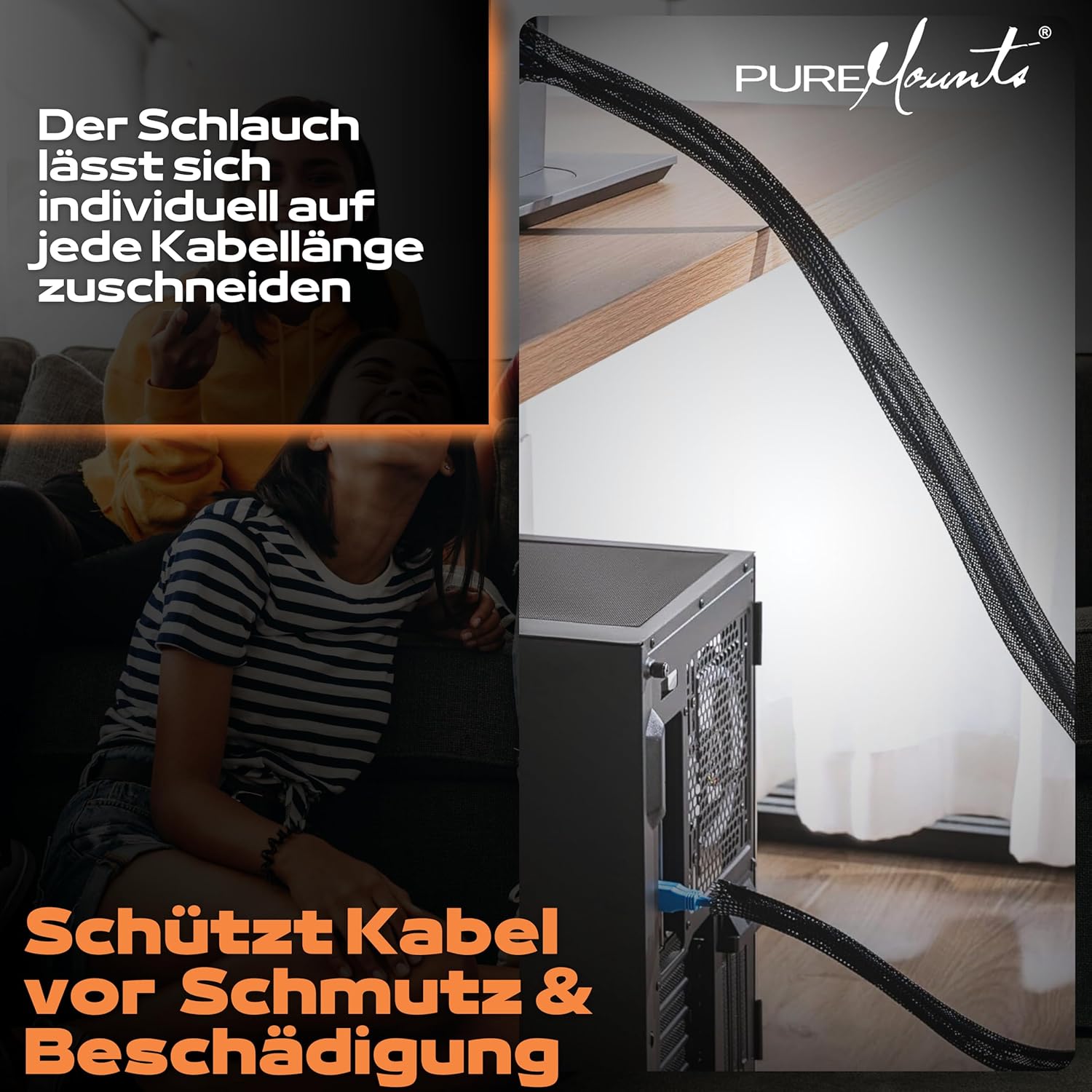 Thumbnail 2 de PureMounts PM-SOCKS-20B-50 Universeller Polyester-Kabelschlauch (selbst zusammenziehend), Ø 20 mm, schwarz, Rolle 50 m