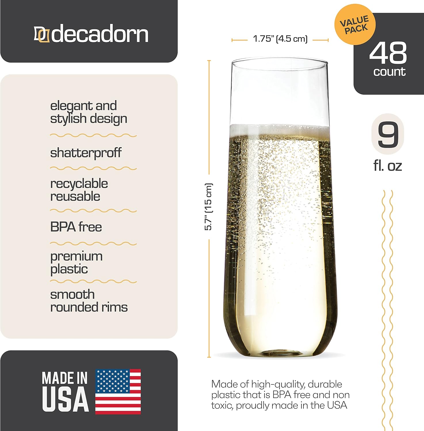 Detalle de DECADORN Clear Stemless Flutes 48 Pack