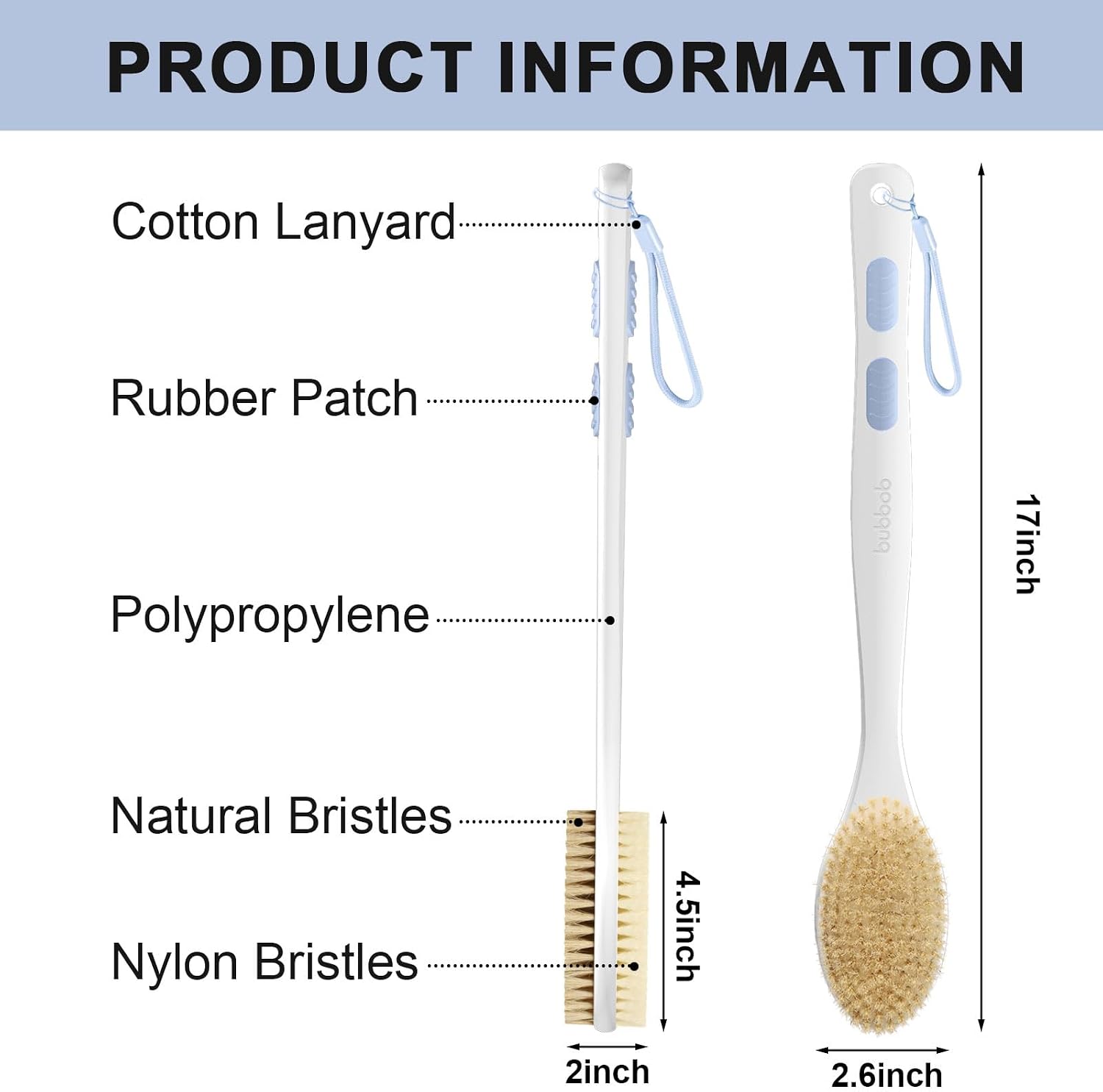 Detalle de Bubbob Back Scrubber with Long Handle — Dual-Sided Exfoliating Bath Brush (Blue)