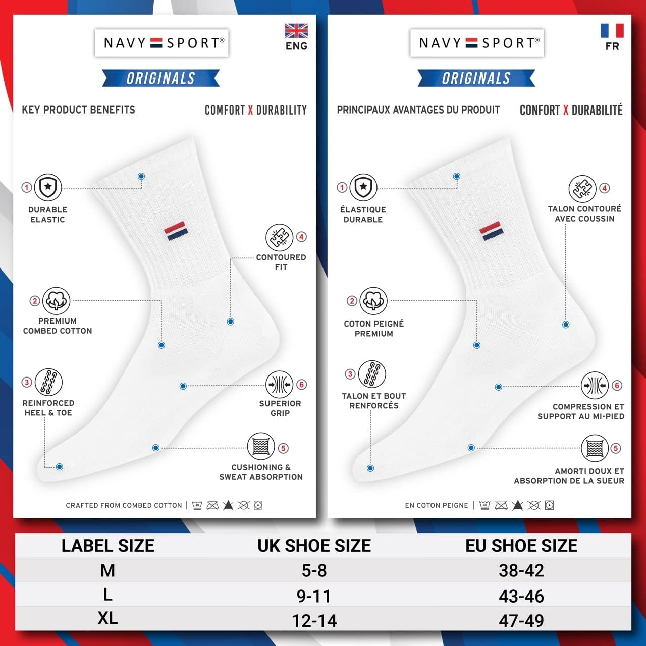 Thumbnail 1 de NAVYSPORT Chaussettes sport hautes unisex - Lot de 5 paires coton peigné, confort coussiné
