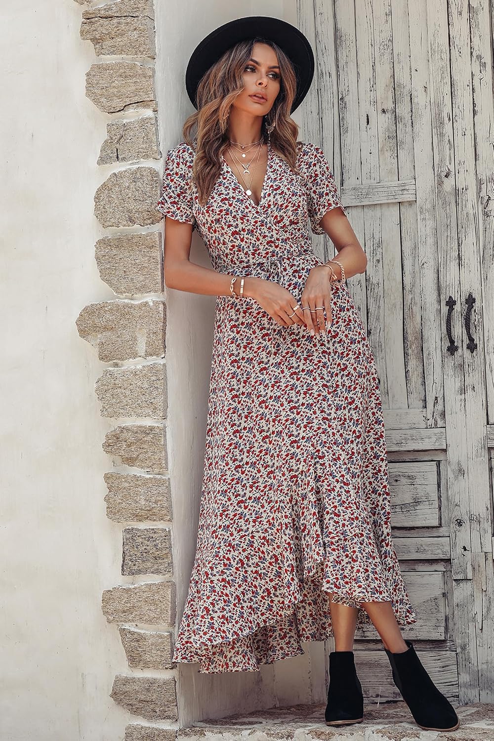 Detalle 2 de PRETTYGARDEN Women's Boho Floral Maxi Dress, Wrap V-Neck and Ruffle Hem